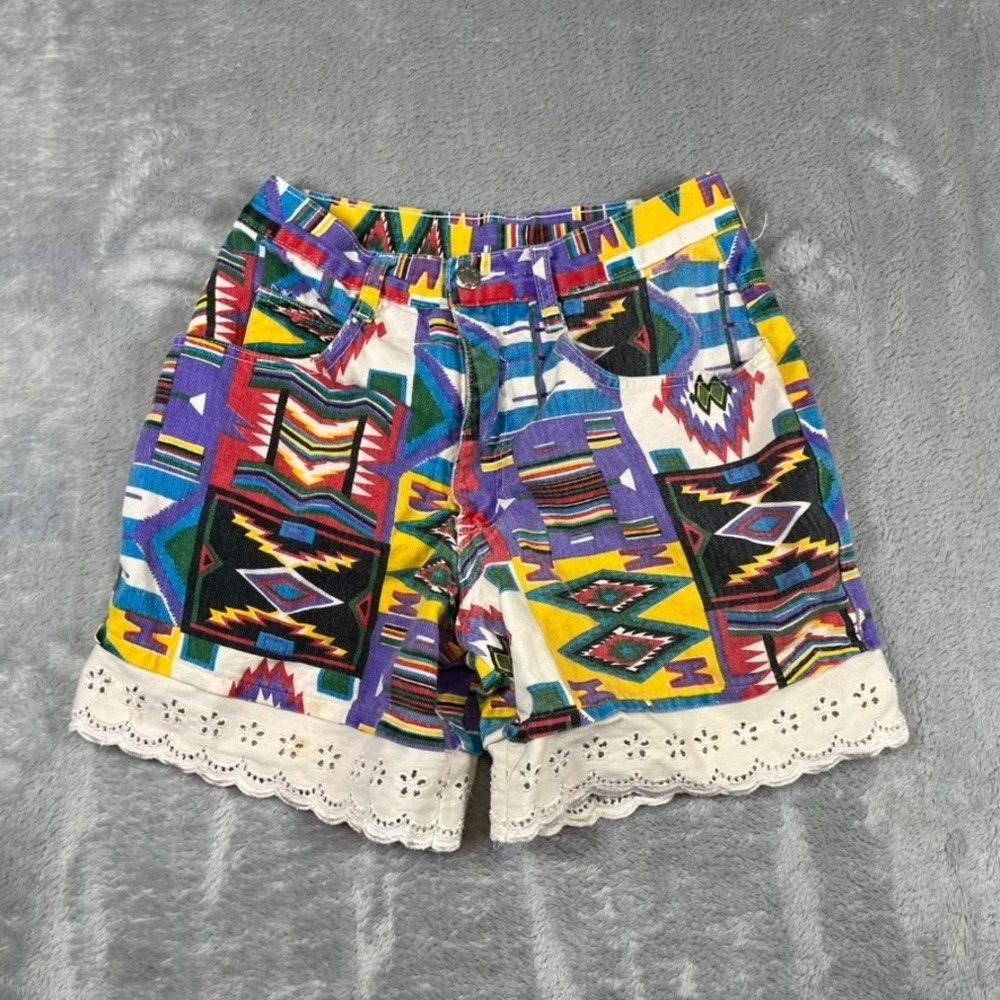 VTG 90s Womens Denim Jean Shorts Jorts Southwestern Aztec Cowgirl Festival Lace